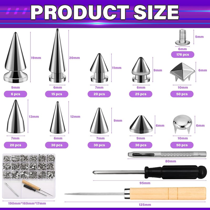 Jollidecor 455 PCS Punk Studs for Clothing, 10 Size Metal Spikes and Studs Leather Rivets for Craft, Square Pyramid Studs Round Dome Rivets DIY Punk Style Decoration for Clothes Shoes Belts Dog Collar - Image 4